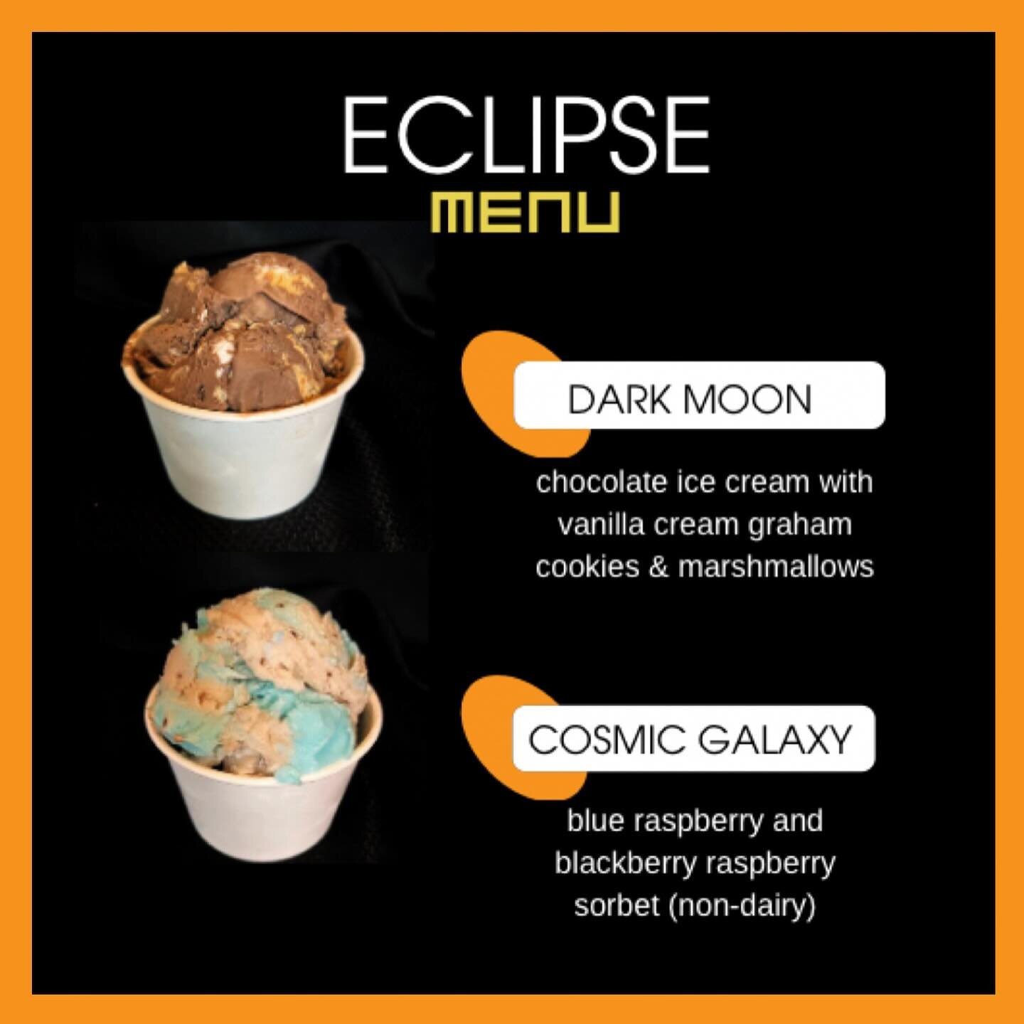 Launch this weekend&rsquo;s festivities with our Eclipse menu! Did you know that we offer Dark Matter ice cream and our Dark Side smoothies all year round?  We&rsquo;re open until 8:30 PM tonight and Saturday 12:00-8:30 PM. 

#solareclipse 
#eclipsem