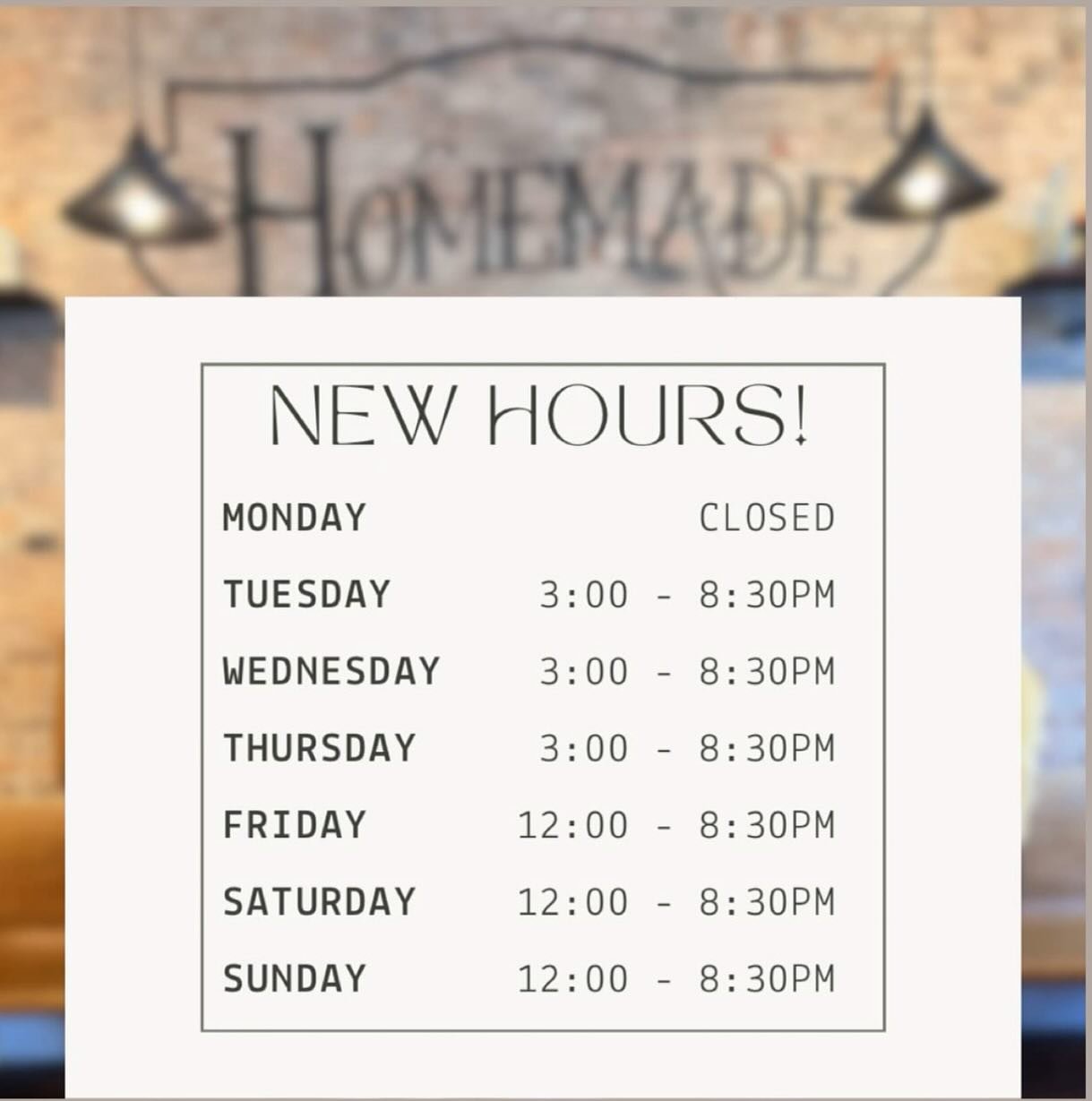 We are now open 6 days a week with adding Sundays!