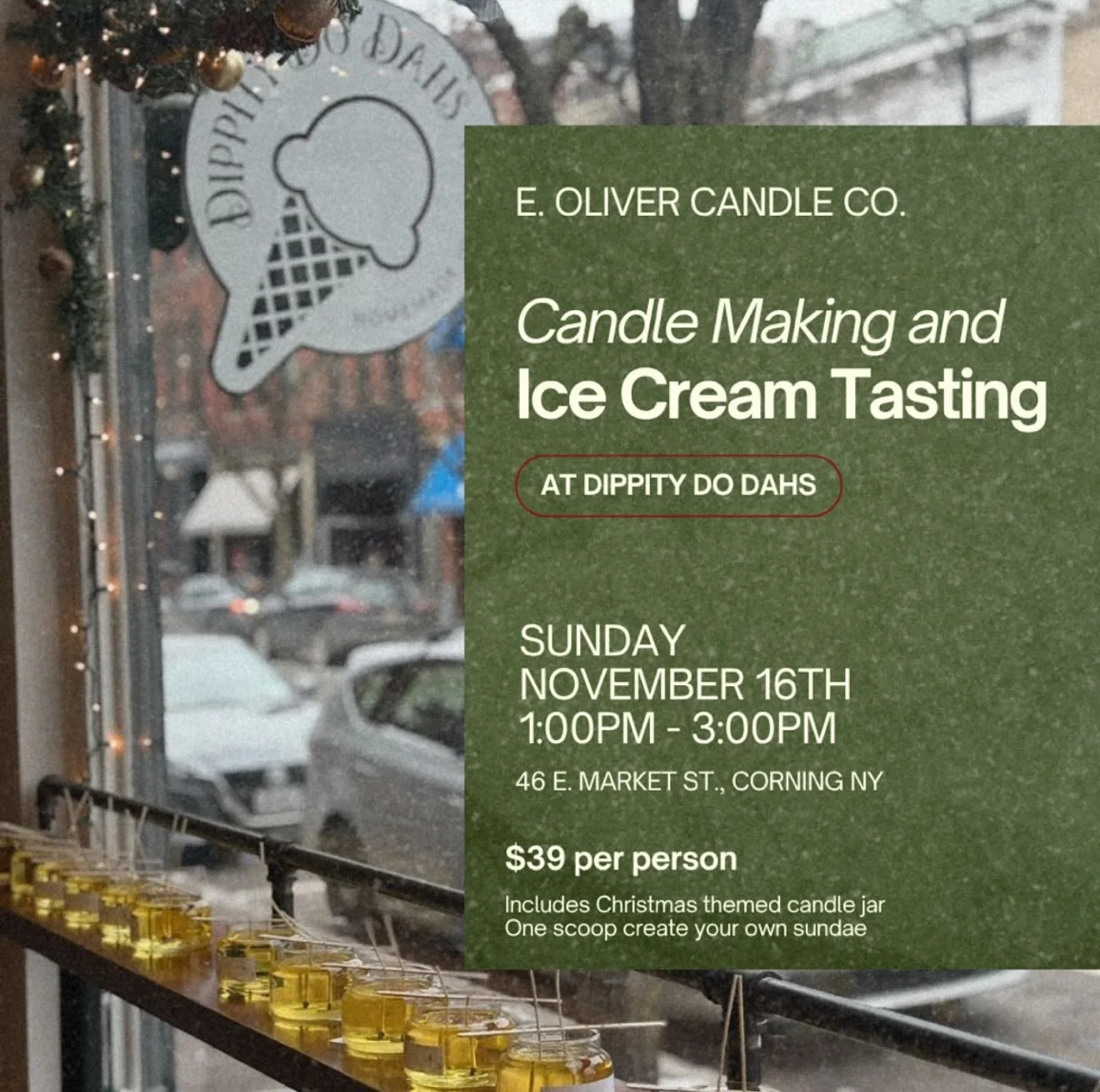 Join us for a festive afternoon and unleash your creativity with @eolivercandleco guiding you to make your own unique candles, all while enjoying our ice cream! A perfect way to spend quality time with your friends and family, indulge in your sweet t
