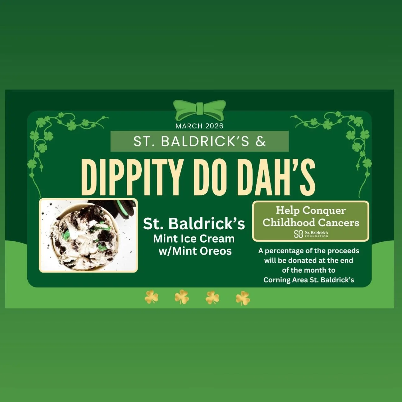 Help kids fight cancer with a scoop of St. Baldrick&rsquo;s, mint ice cream with mint flavored Oreos. Available all month long! A percentage of proceeds with be donated to the St. Baldrick&rsquo;s Corning organization. 

#stbaldricks 
#fundraiser 
#m