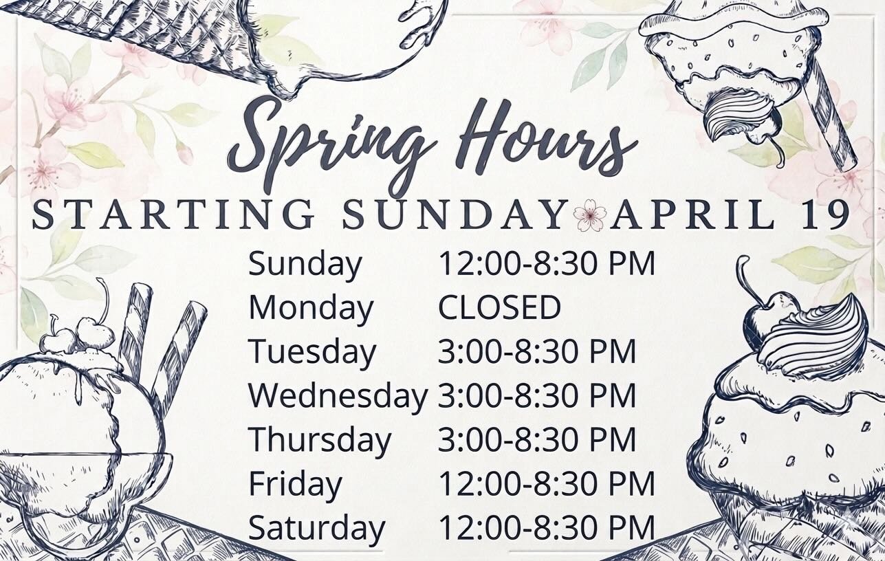 🍦 Exciting News!
We are moving to our Spring Hours, starting Sunday, April 19! Another day added to enjoy the season with your favorite ice cream! 
#icecream #springhours #enjoythespring #fingerlakesicecreamtrail #corningny