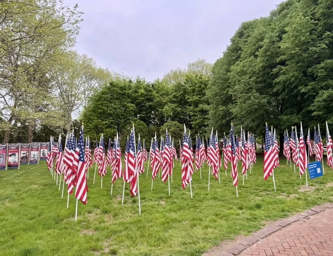 Field of Flags: a sea of red, white, and blue honoring the immense bravery and sacrifice of our local heroes. Each flag represents a story, a family, and a hero who answered the call to serve. Thank you to the men and women of our hometown who have g