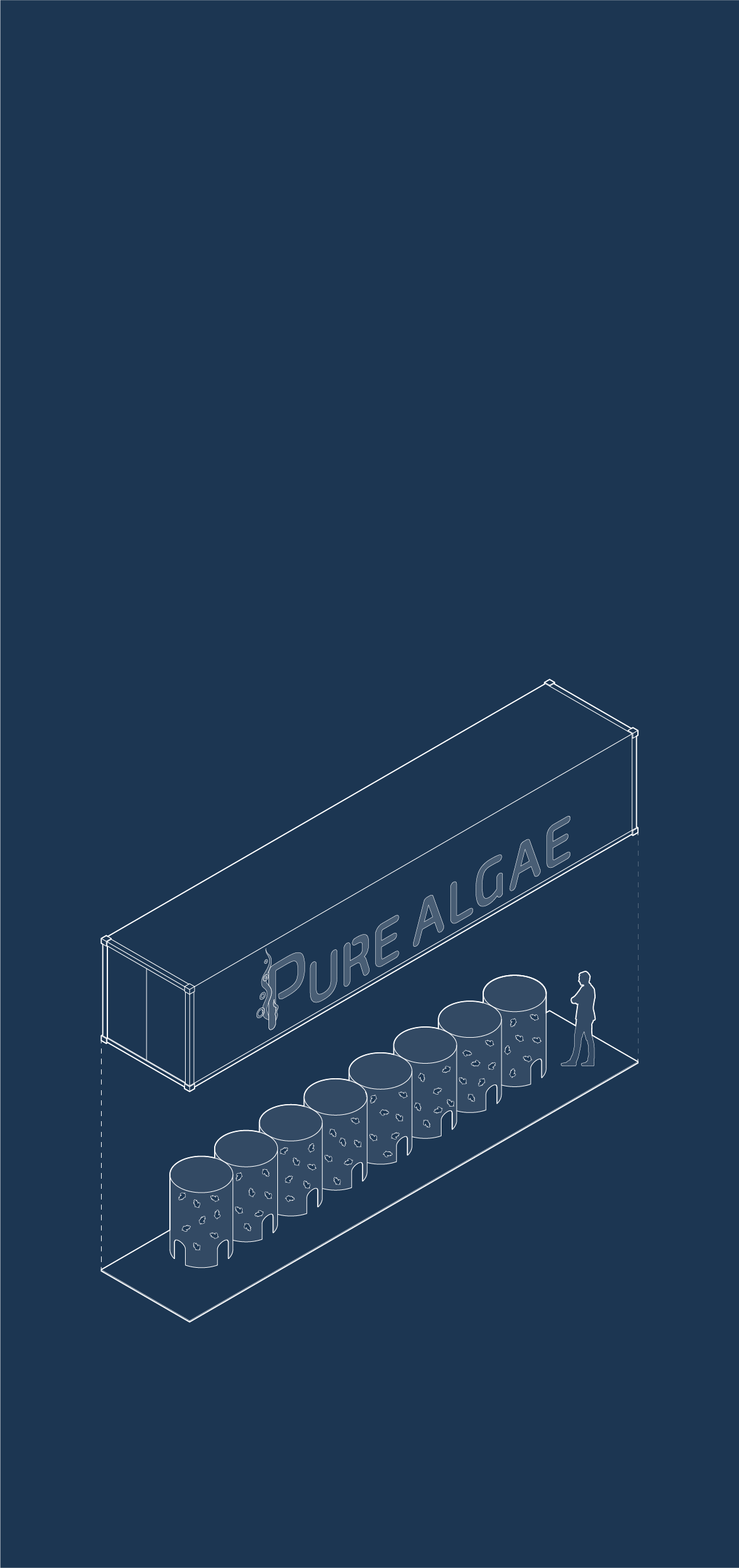 simplified illustration of the valuefarm containers, showcasing setup inside and a person for scale