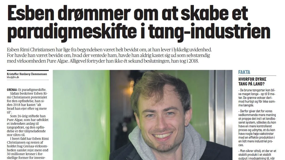 news aricle titled "Esben drømmer om at skabe et paradigmeskifte i tang-industrien"