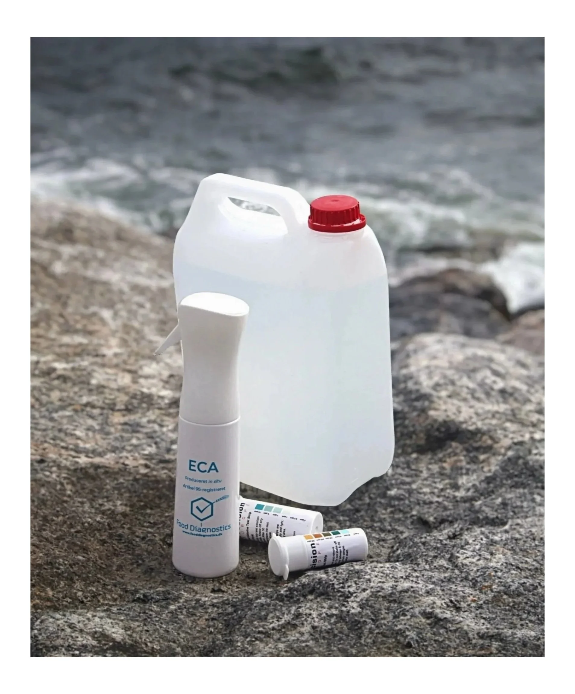 ECA disinfection solution bottle and spray bottle standing on rocks by the ocean
