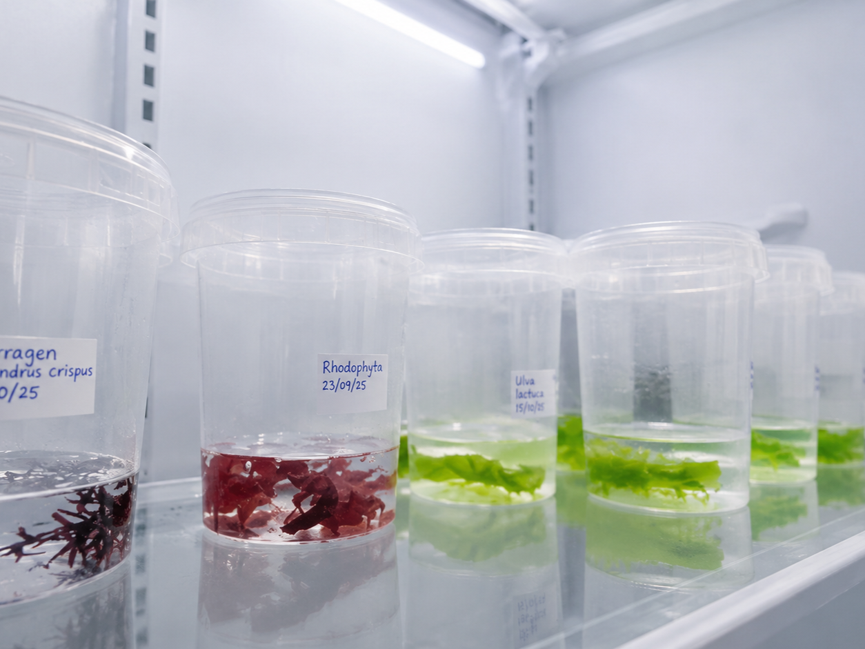 cylindrical plastic tubs with water and green or red seaweed