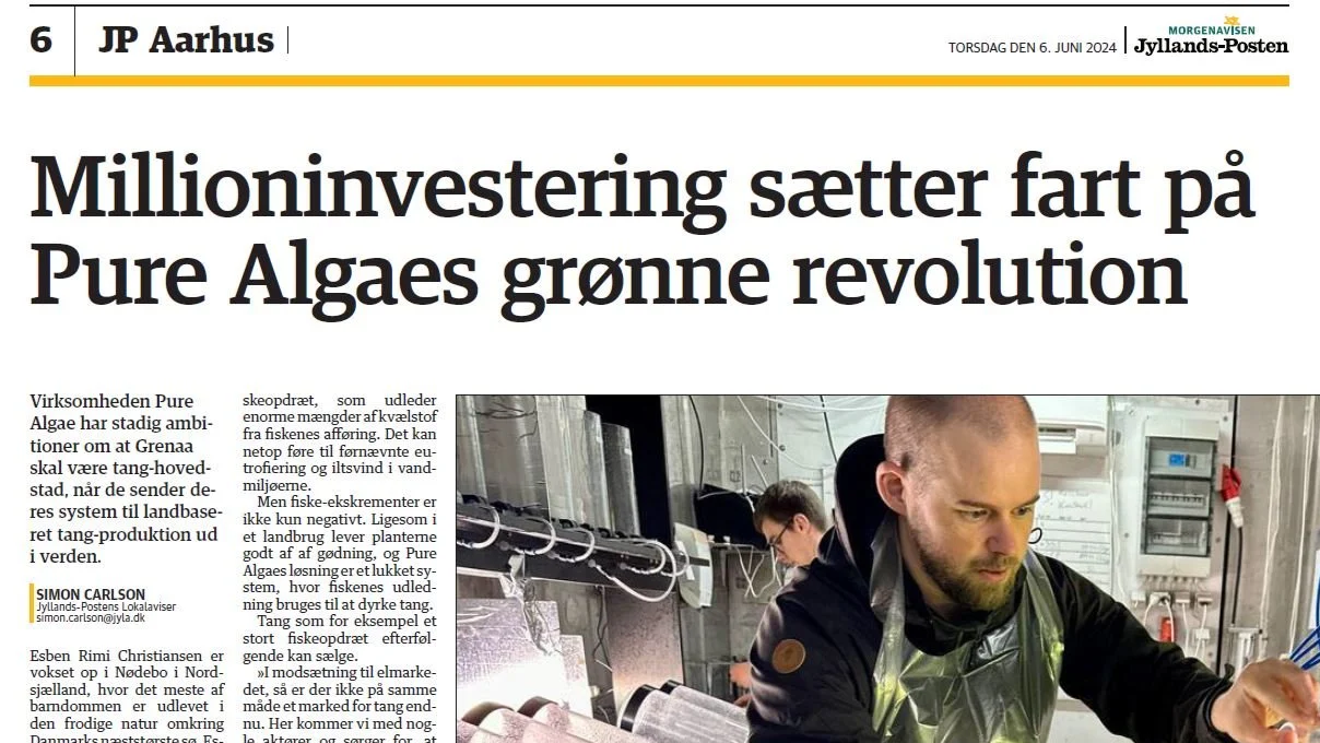 Frontpage of news post Jyllands-posten article, titled "Millioninvestering sætter fart på Pure Algaes grønne revolution"