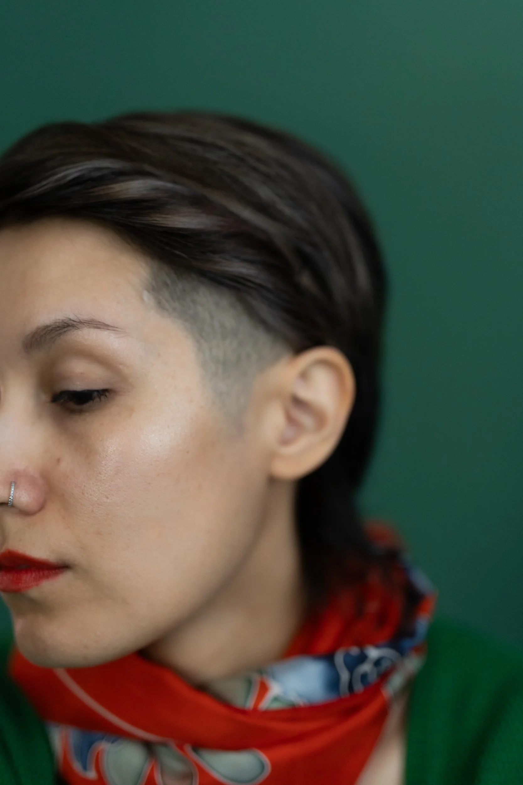 Close-up of a person with short, dark hair styled with volume and a side part, wearing a red patterned shirt and a green sweater, with a green background.