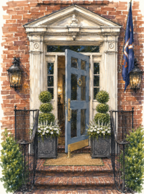 Front door makeover on a red brick Georgian home with a Chiswell Blue door