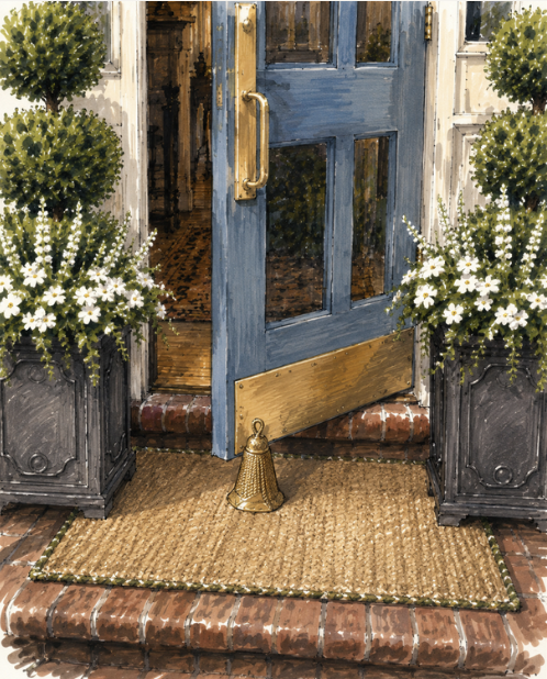 Carre one-piece exterior handleset from Grandeur Hardware on a blue front door