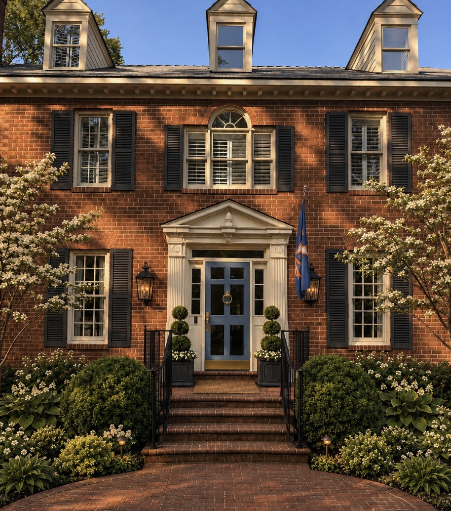 Front door makeover on a red brick Georgian home with a Chiswell Blue door