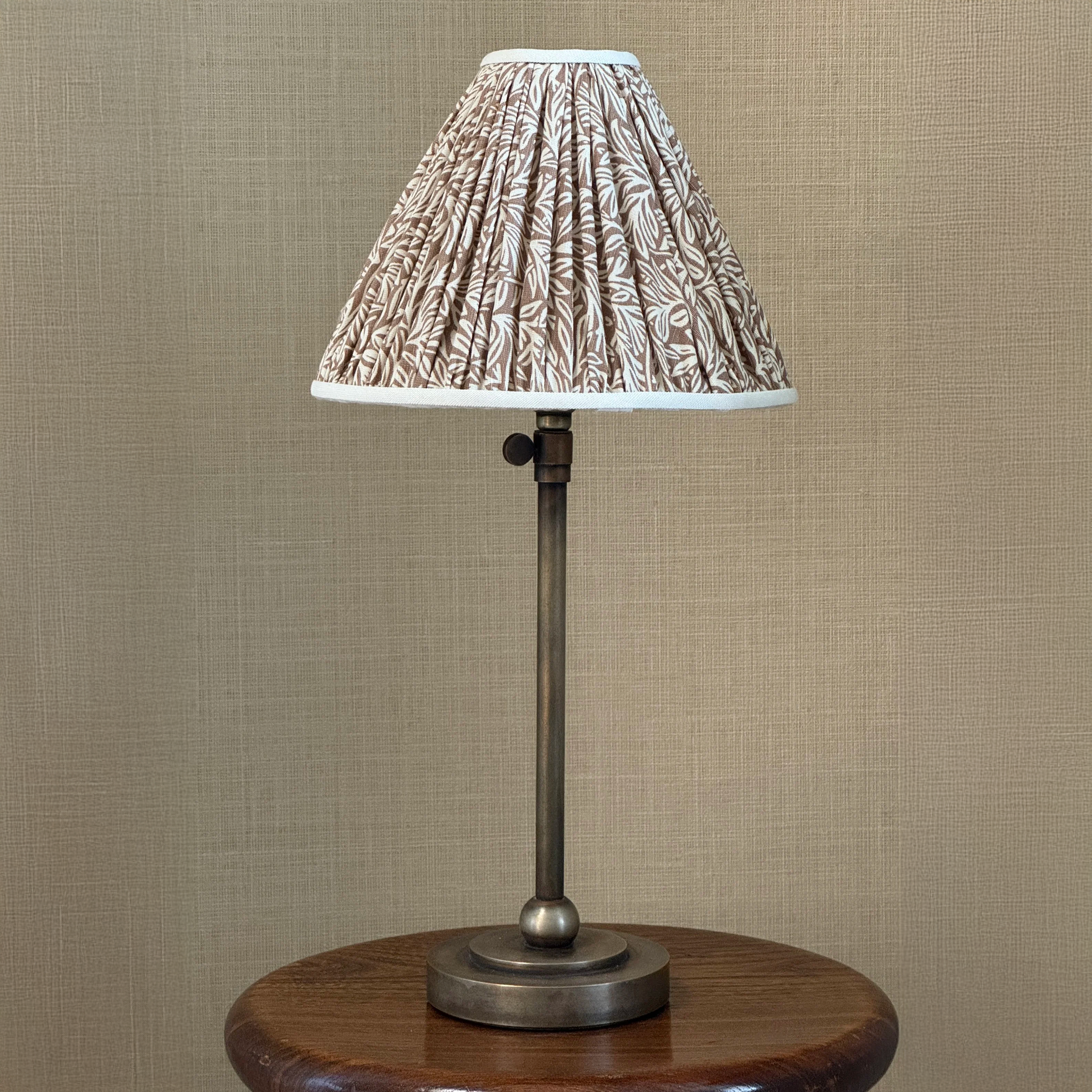 Heirloom Brass Cordless Lamp with Schumacher Willow Leaf Gathered Shades