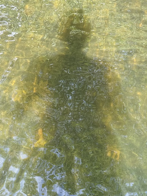 A person taking a selfie in a body of water, with the water's surface creating a rippled effect, making the person's reflection appear distorted.