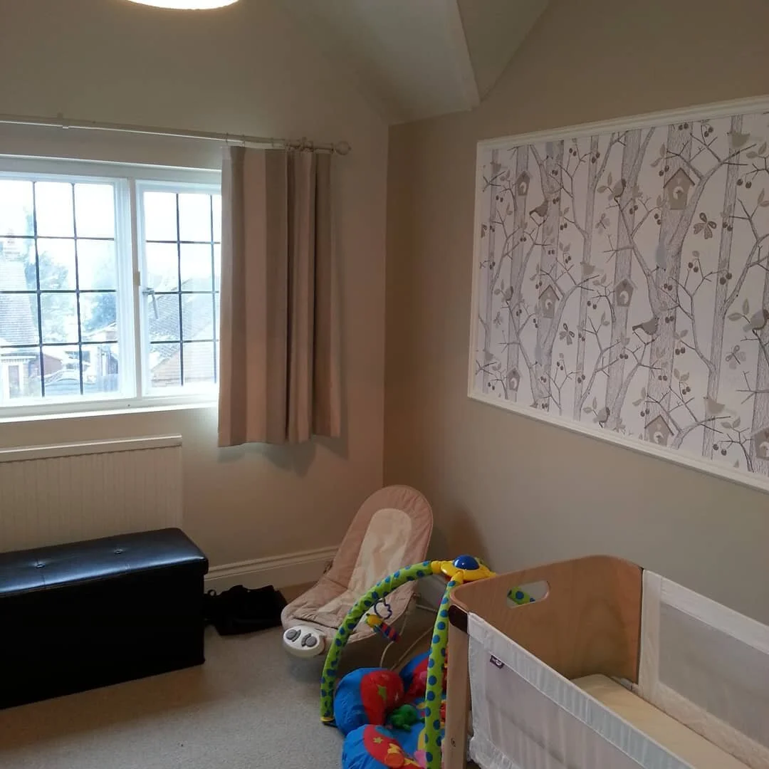 Nursery transformation along with downstairs toilet after lots of prep!
.
New coving and skirting and a frame for wallpaper. Paper can easily be updated as child gets older. 
.
Plastering work, reversed door opening and fitted new carpet.
.
Plumbers,