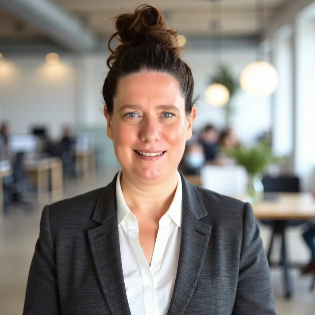 A woman with curly brown hair tied in a bun, smiling, wearing a black blazer and white shirt, in a modern office setting with blurred background.