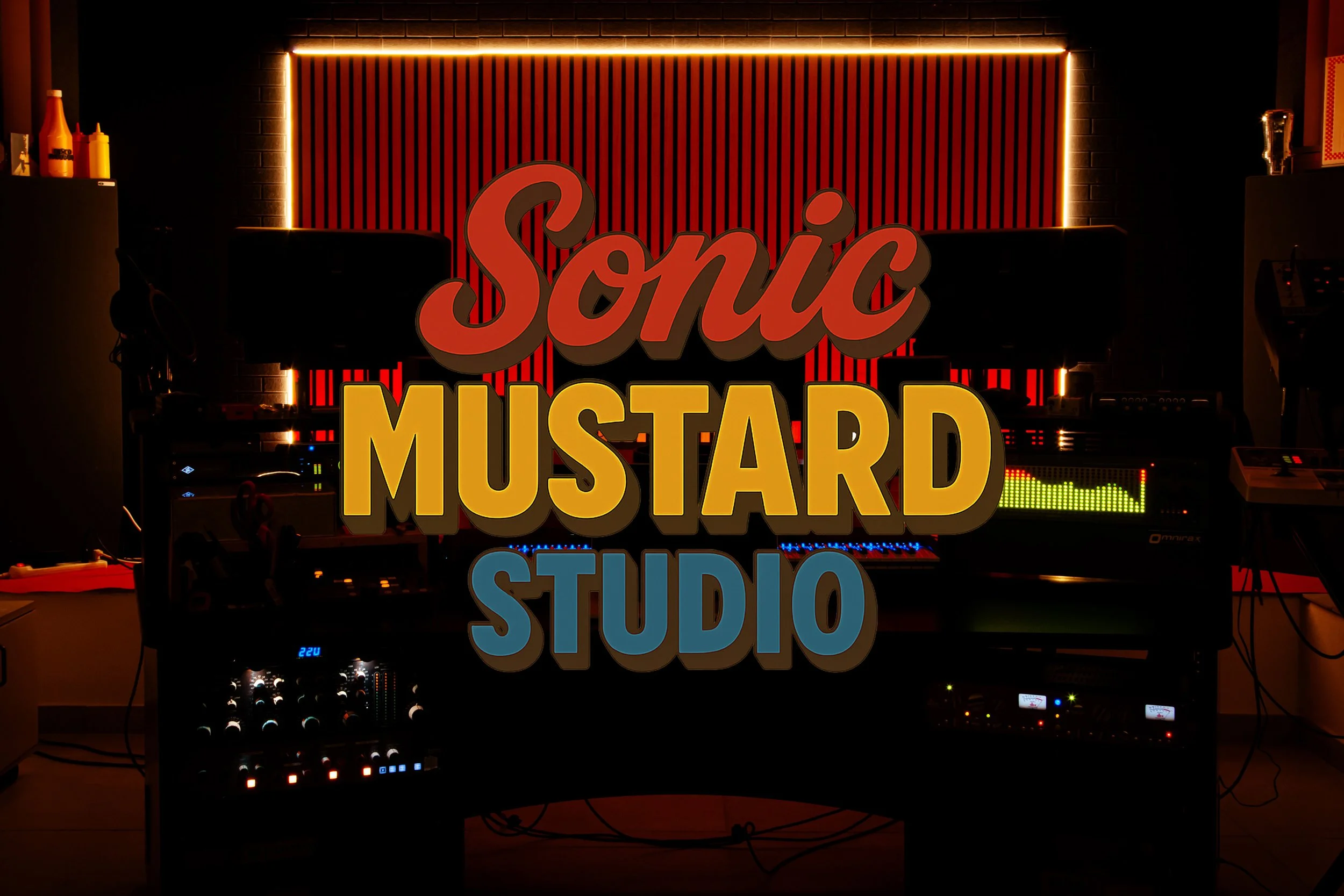 A sign that reads 'Sonic Mustard Studio' in a music studio with lighting and equipment in the background.