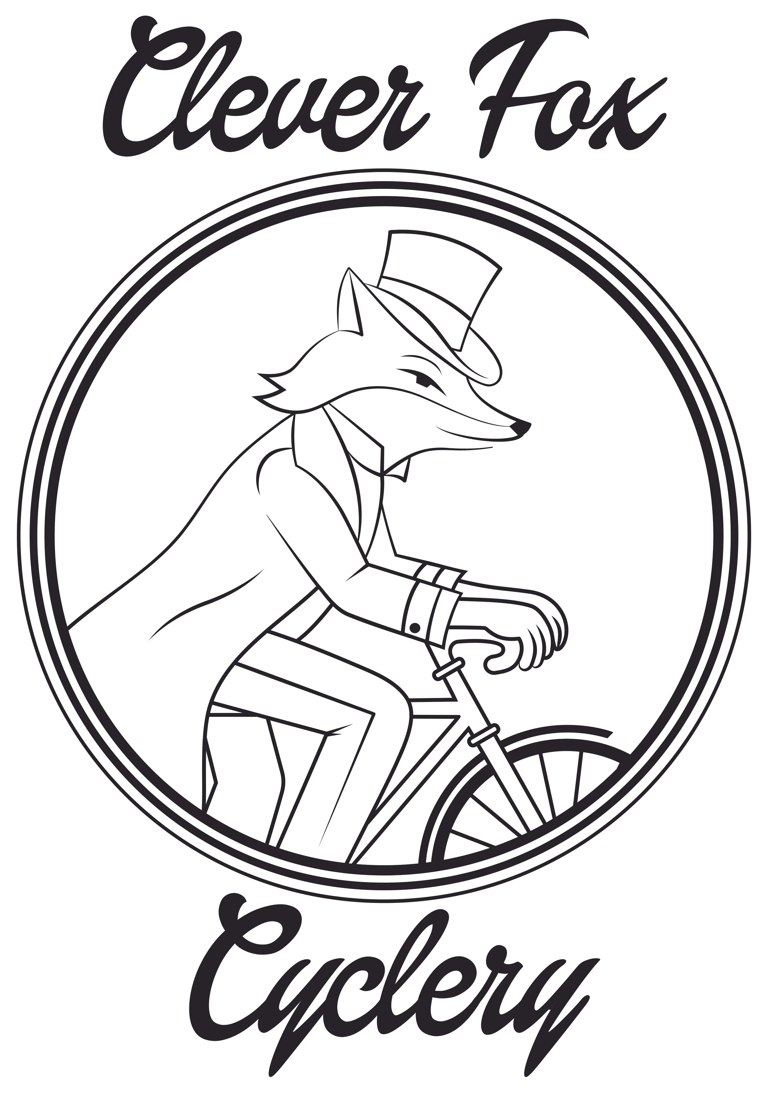 A logo featuring a fox wearing a top hat and suit riding a bicycle, with the words 'Clever Fox' above and 'Cyclery' below written in cursive font.