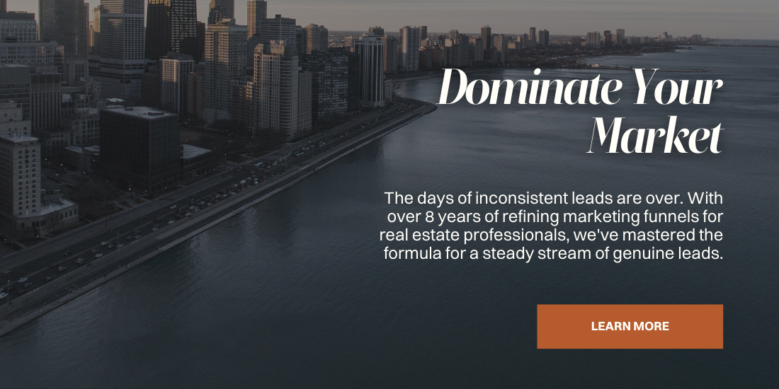 Aerial view of a city skyline along a waterfront at dusk. Text reads, "Dominate Your Market" and highlights marketing success. Learn More button below.