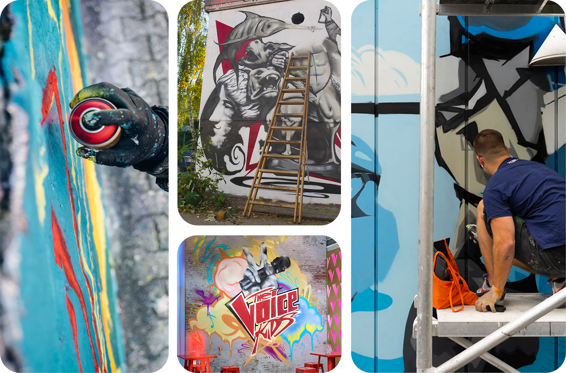 Menschen beim Erstellen von Street-Art-Graffitis an einer Wand, mit Farbspritzeln und Hobby-Art-Designs.