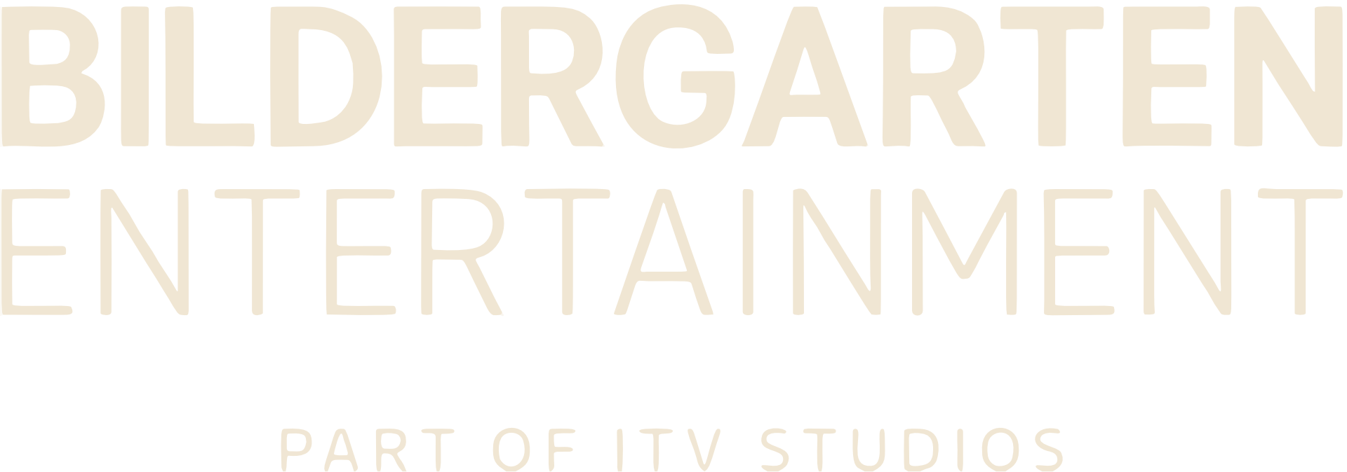 Logo für Bildegärten Entertainment, Teil von ITV Studios, mit schwarzem Hintergrund und großen beigen Buchstaben.