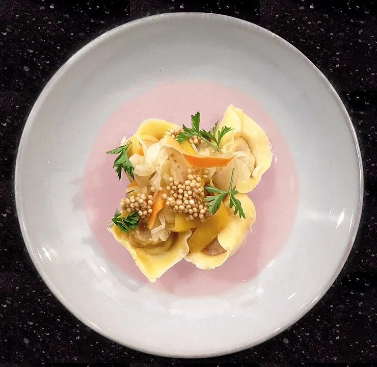 Corn Beef Tortellini | Heirloom Carrot Sauerkraut, Mustard Seed, Micro Carrot Tops