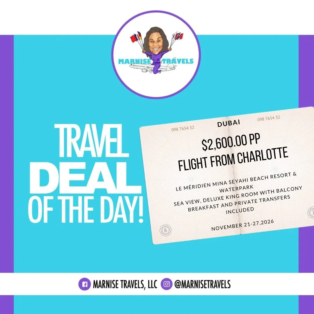 ✈️ Thanksgiving in Dubai, UAE✈️ 

🗓️ November 21-27, 2026 (arrival in Dubai late night, November 22nd)

💰$2,600.00 Per Person based on (2) people traveling- $250.00 deposit to secure quoted price. Remaining balance due in full by October 22, 2026.
