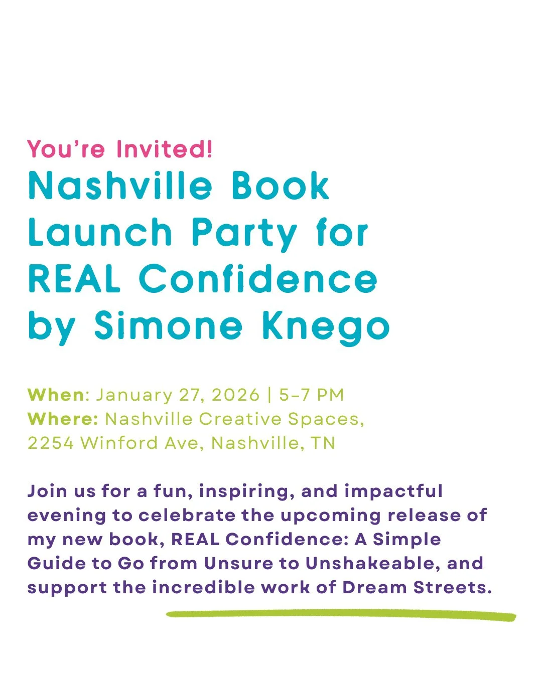 Join us 1 week from today to celebrate the launch of REAL Confidence while supporting our mission to protect and empower communities in West and North Nashville!

🔹 The REAL Confidence Book Launch party
🔹 January 27, 2026, from 5-7 PM
🔹 Nashville 