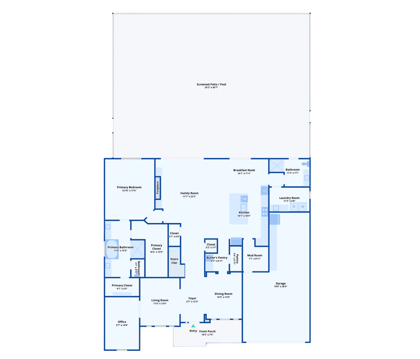 Floor plan of a house with labeled rooms including a foyer, living room, office, primary bedroom with bathroom and closet, kitchen, dining room, family room, laundry room, mud room, garage, and screened patio with pool.