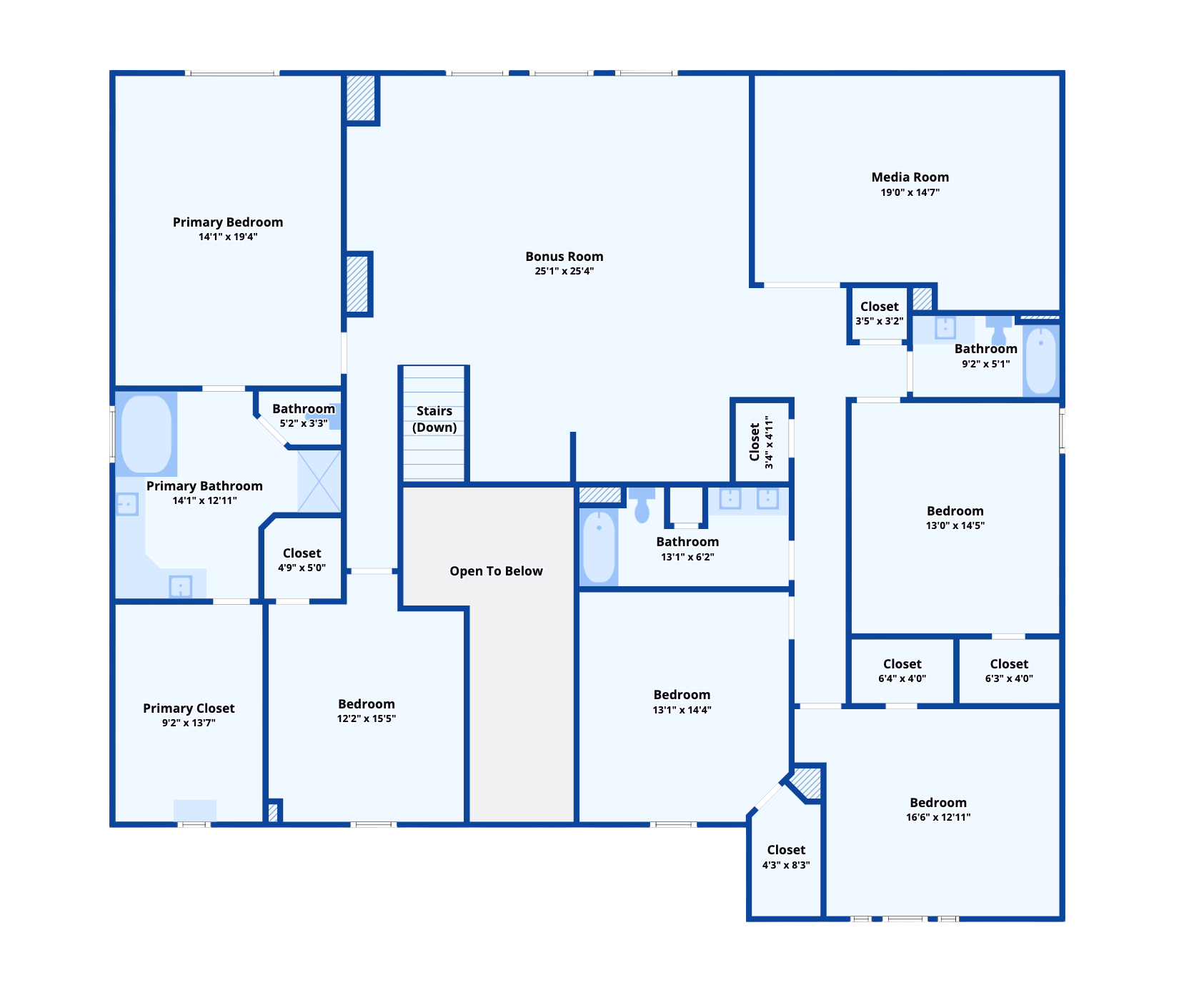 A detailed floor plan of a house with labels and measurements for each room, including bedrooms, bathrooms, closets, and living spaces.
