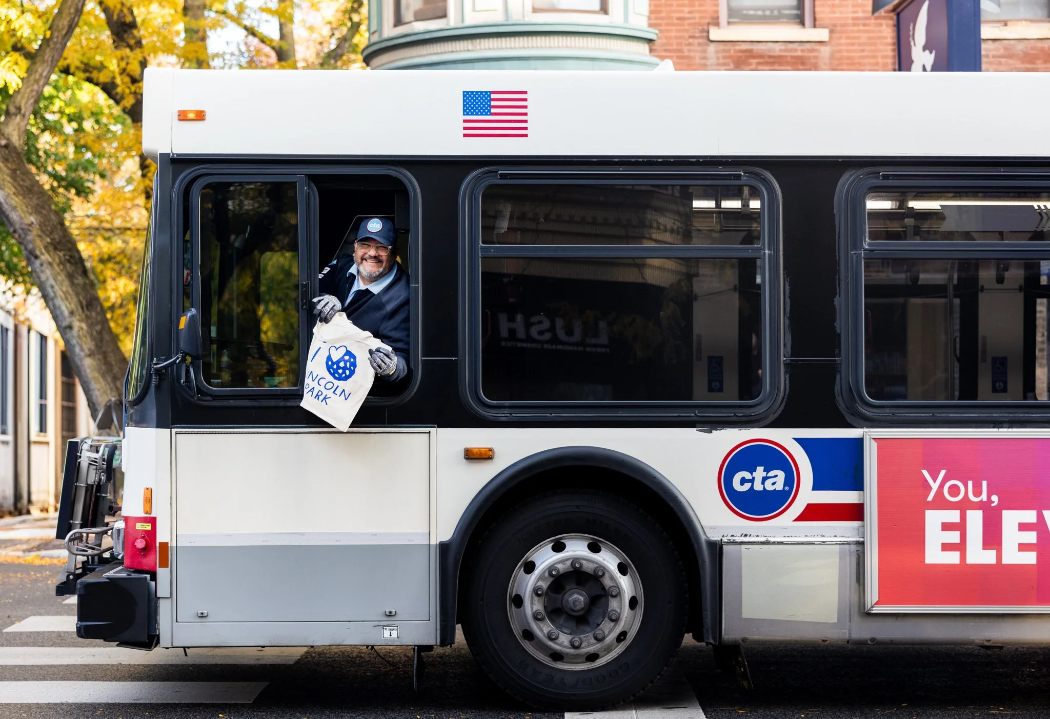 Creative product photography with bus driver in Lincoln Park, Chicago