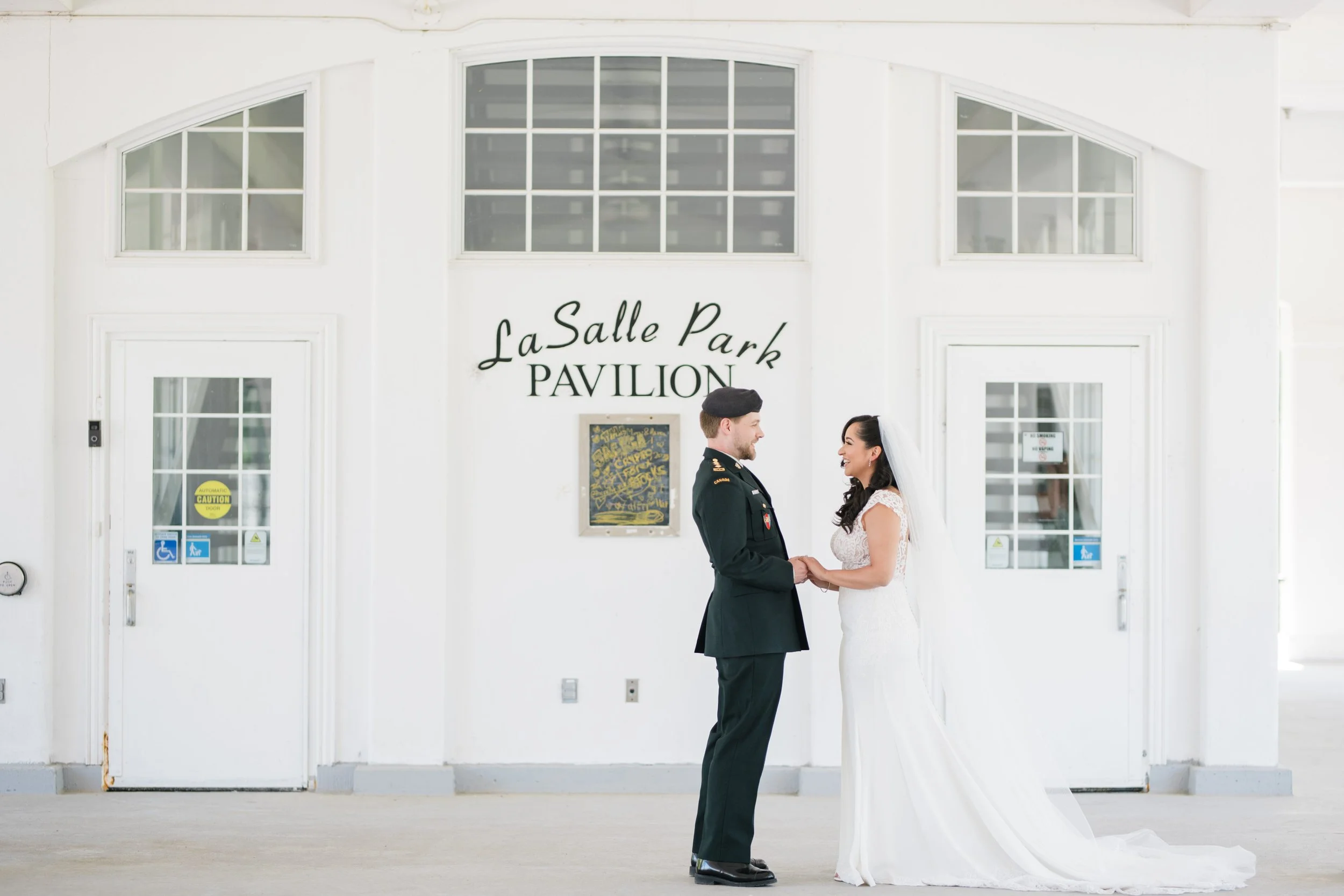 bride and groom first look moment with intune wedding dj in burlington
