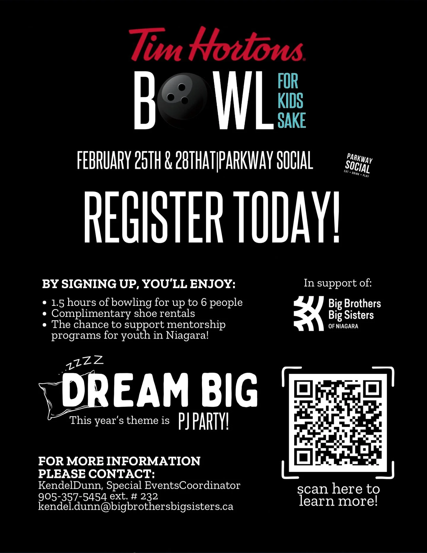 BOWL FOR KIDS SAKE 🎳 

We&rsquo;re thrilled to take part once again in the Tim Horton&rsquo;s Bowl for Kids Sake, in support of @bbbsniagara. Feb 28th at @parkwaysocial in St. Catharines. 

This year is a PJ party, and I for one can&rsquo;t wait to 