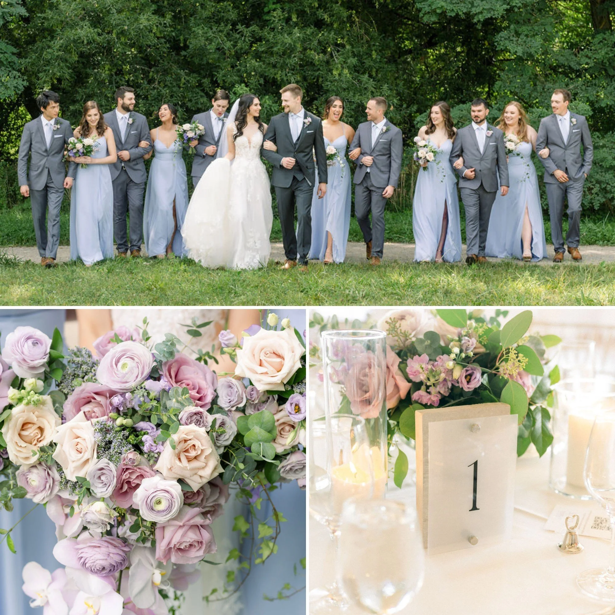 Outdoor bridal party with pastel dresses, floral bouquet, and elegant reception table decor with inTUNE Caledon wedding DJs