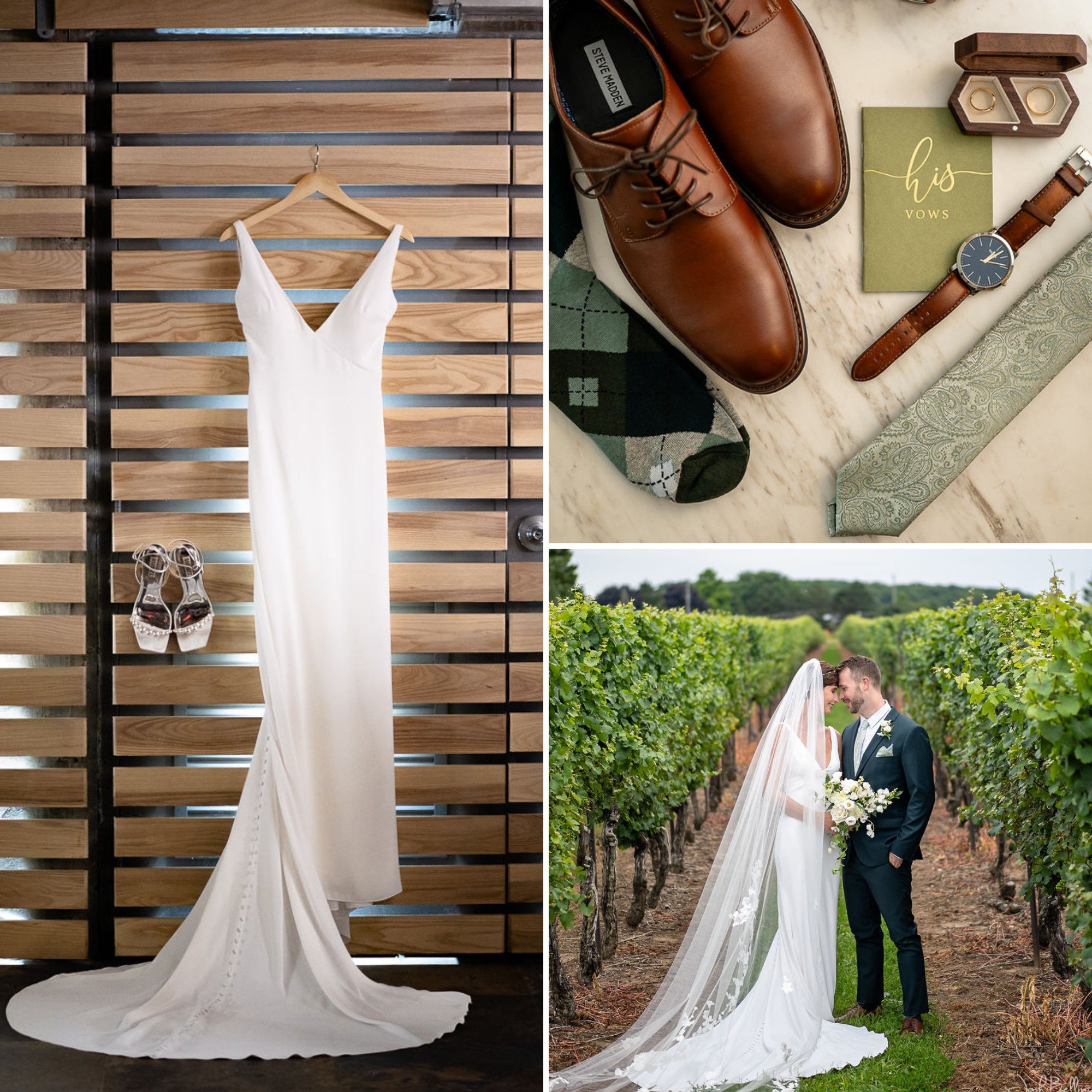 Bride and groom sharing a romantic moment in a vineyard on their wedding day with bridal gown and groom details and inTUNE Guelph wedding DJs