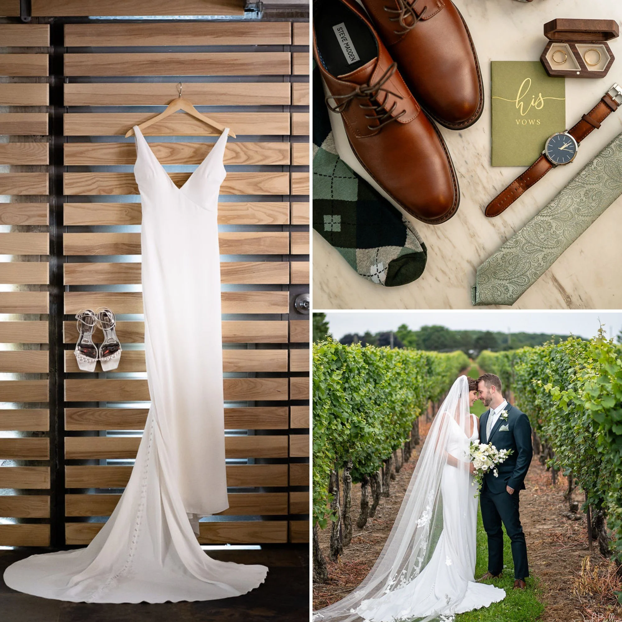 Bride and groom sharing a romantic moment in a vineyard on their wedding day with bridal gown and groom details and inTUNE Hamilton wedding DJs