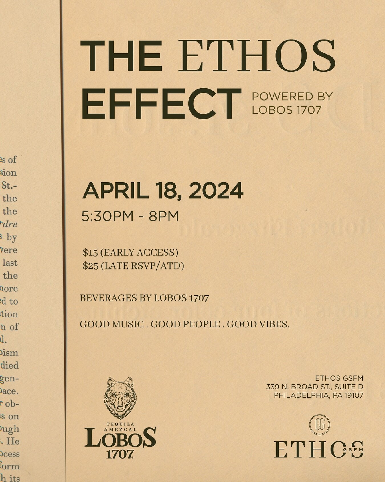 Join Us For The ETHOS Effect: Power by @Lobos1707 Tequila, Thursday April 18th (5:30pm to 8pm) #21+ 
.
Join us as we introduce the Award Winning Premium Tequila Brand @Lobos1707 to Philadelphia with an unparalleled voyage into the realm of refined br
