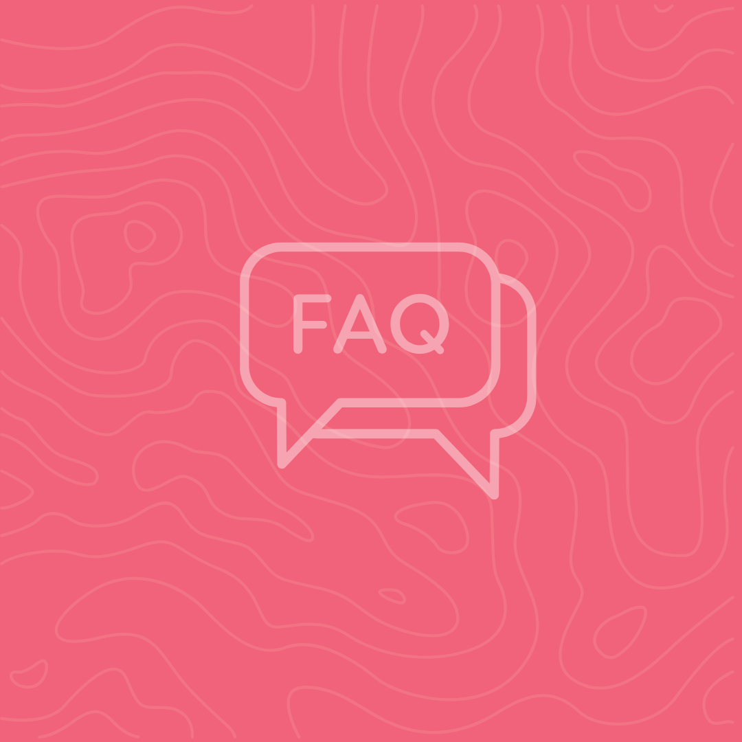 pink background with a white speech bubble that says FAQ