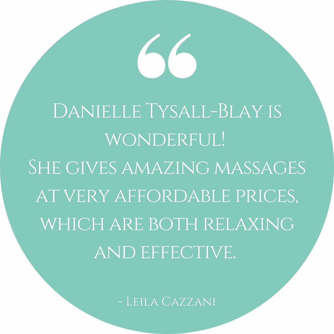 Client Testimonial 🌟

Danielle Tysall-Blay is wonderful!
She gives amazing massages at very affordable prices, which are both relaxing and effective.
I had a knot in my right shoulder and she was able to alleviate the pain and get rid of the knot in