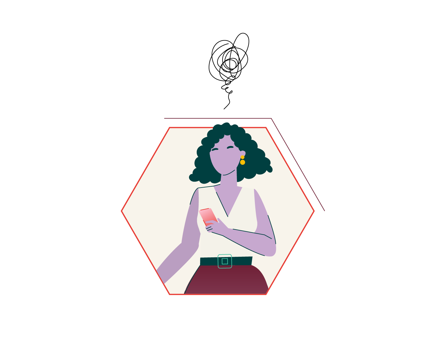 Illustration of a woman with curly hair, wearing a sleeveless top, earrings, and a belt, looking at her phone with a smile.