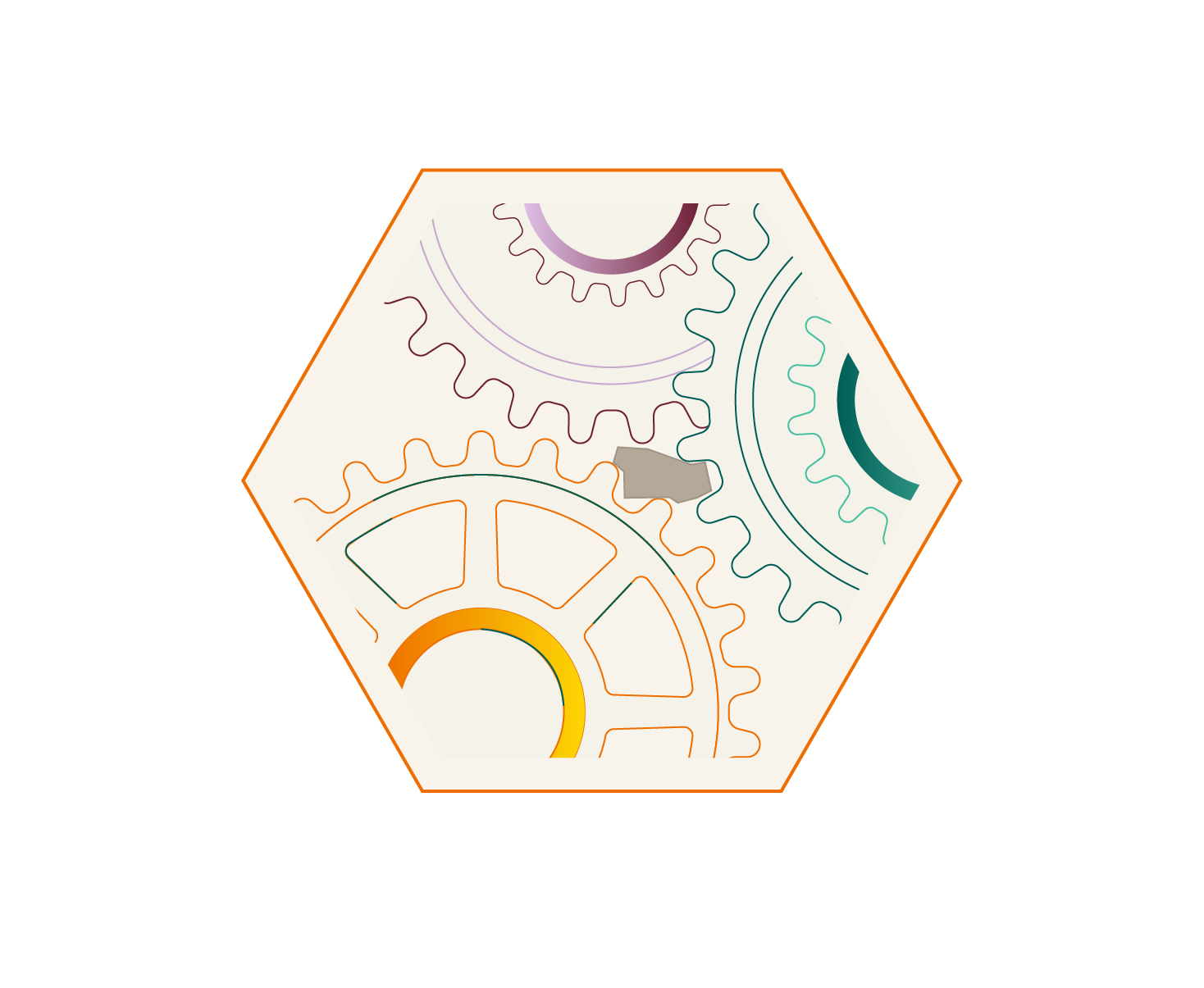 Diagram with interconnected gears and gauge indicators, enclosed in a hexagon.