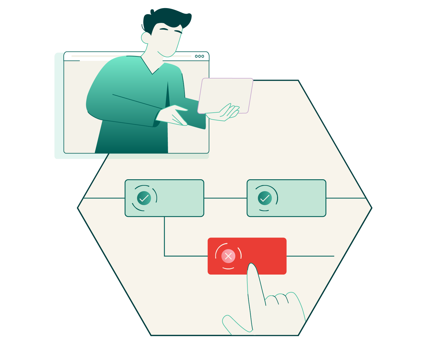 Illustration of a person inside a computer window, holding a tablet, with a flowchart featuring green check marks and a red cross on a computer screen.