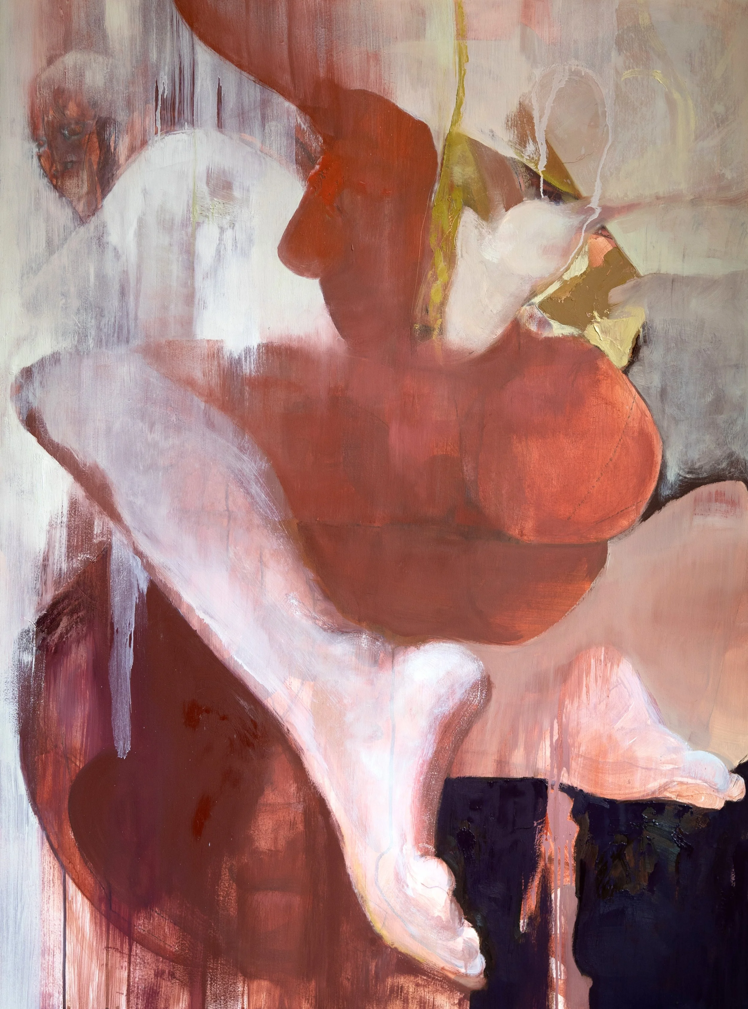 "Uncoiling, Feet First" 2025, oil on wood panel, 36 x 48"