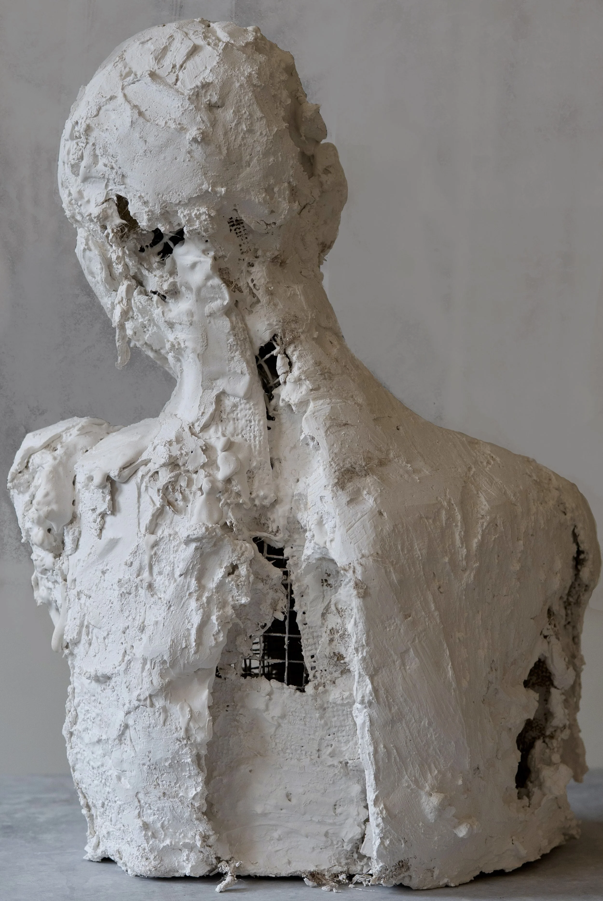 "Between the Shoulders" 2025, plaster, chicken wire and burlap, 7 x 16.5 x 11.5 inches