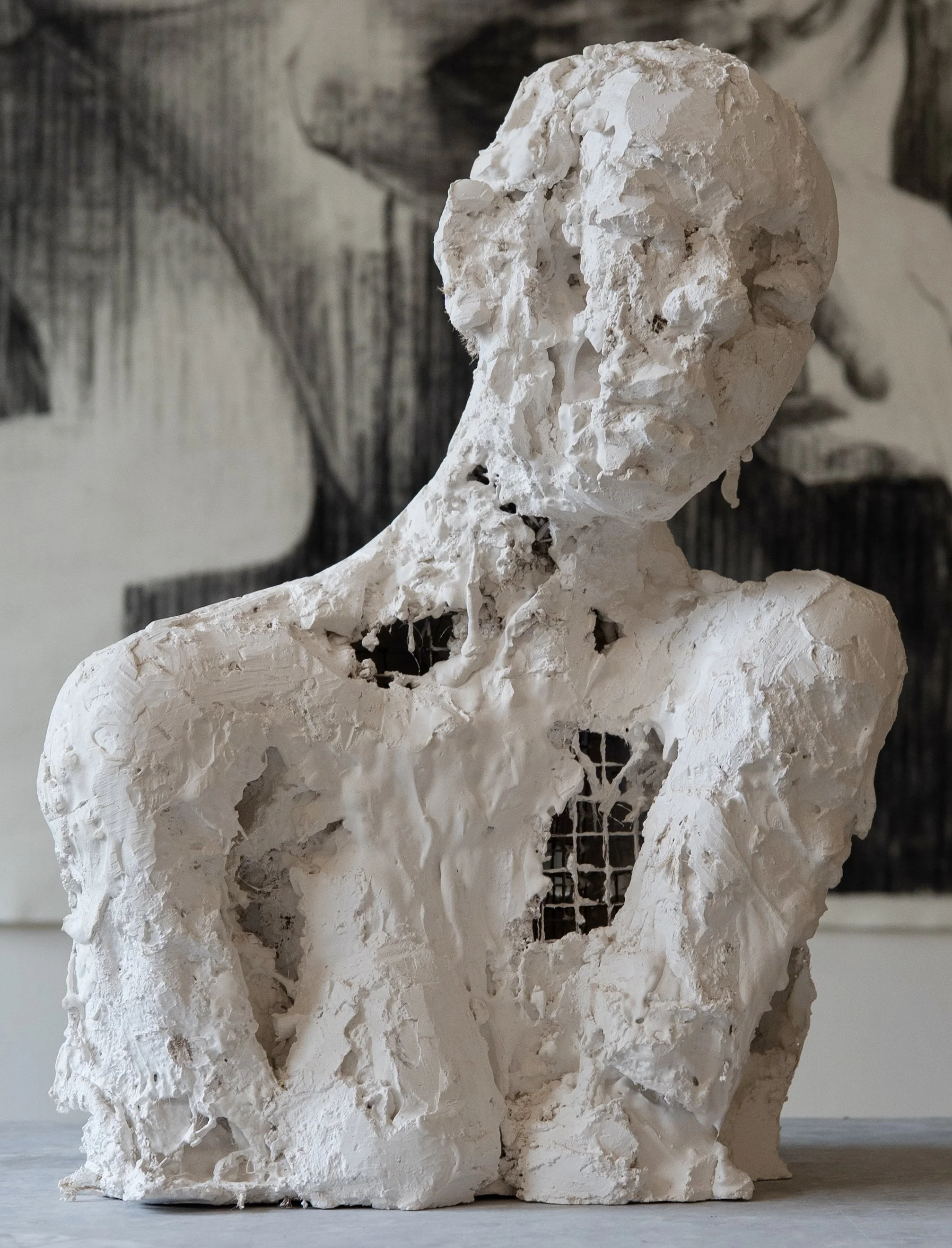 "Between the Shoulders" 2025, plaster, chicken wire and burlap, 7 x 16.5 x 11.5 inches