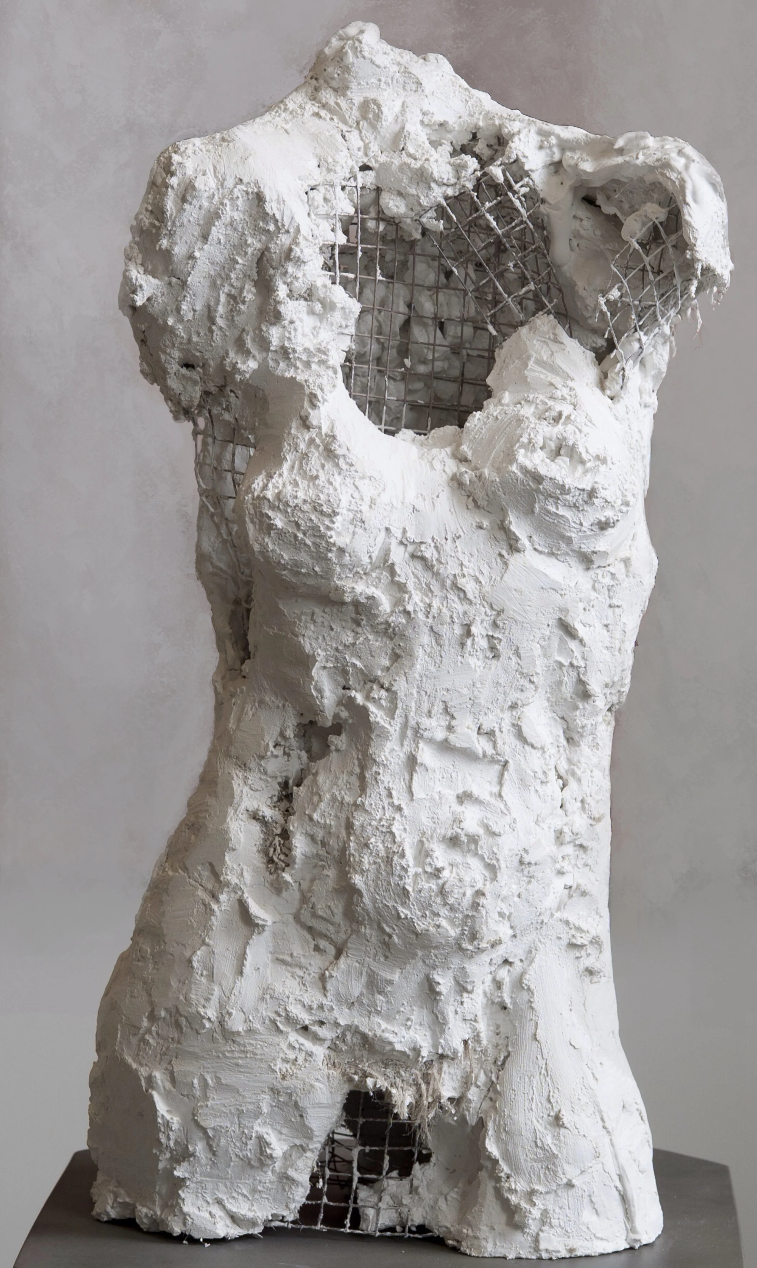 "Below the Neck" 2025 plaster, chicken wire and burlap, 21 x 10.5 x 4 inches