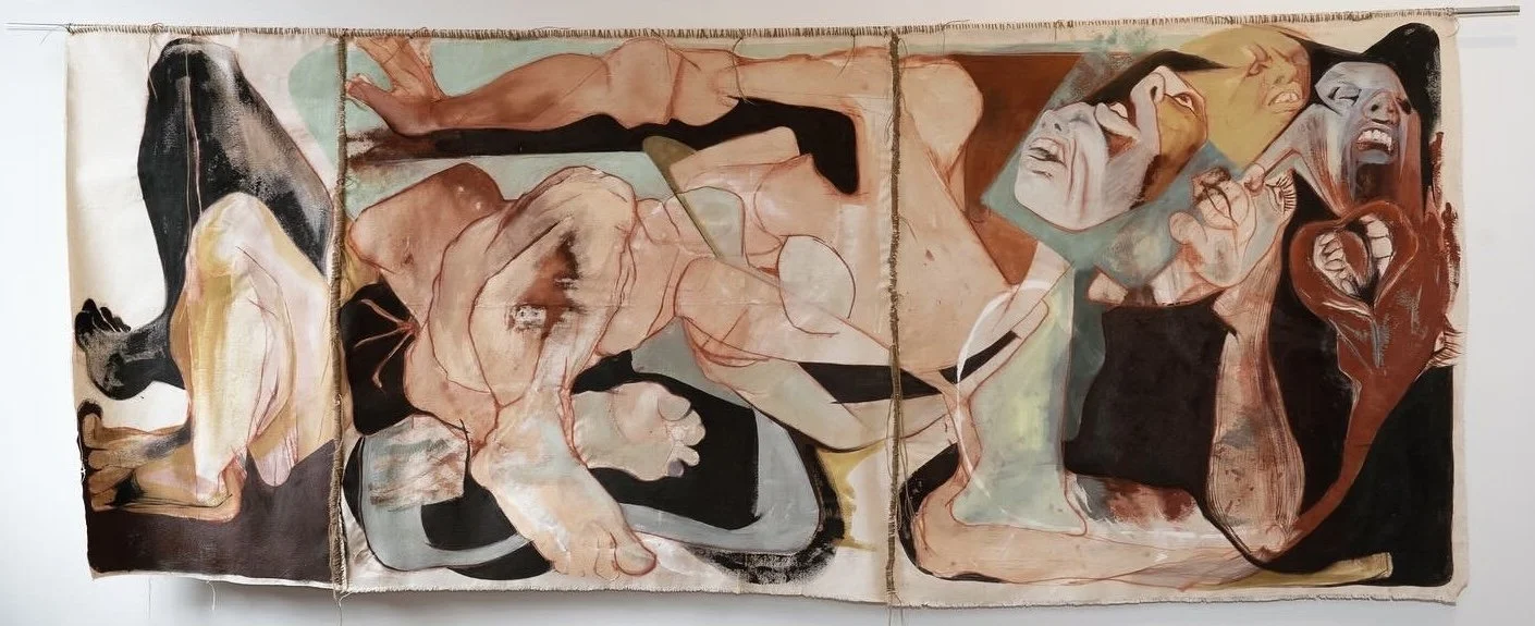 "Rumination, Aggression, Digestion" 2024, conté, acrylic and thread on canvas, 87 x 36"