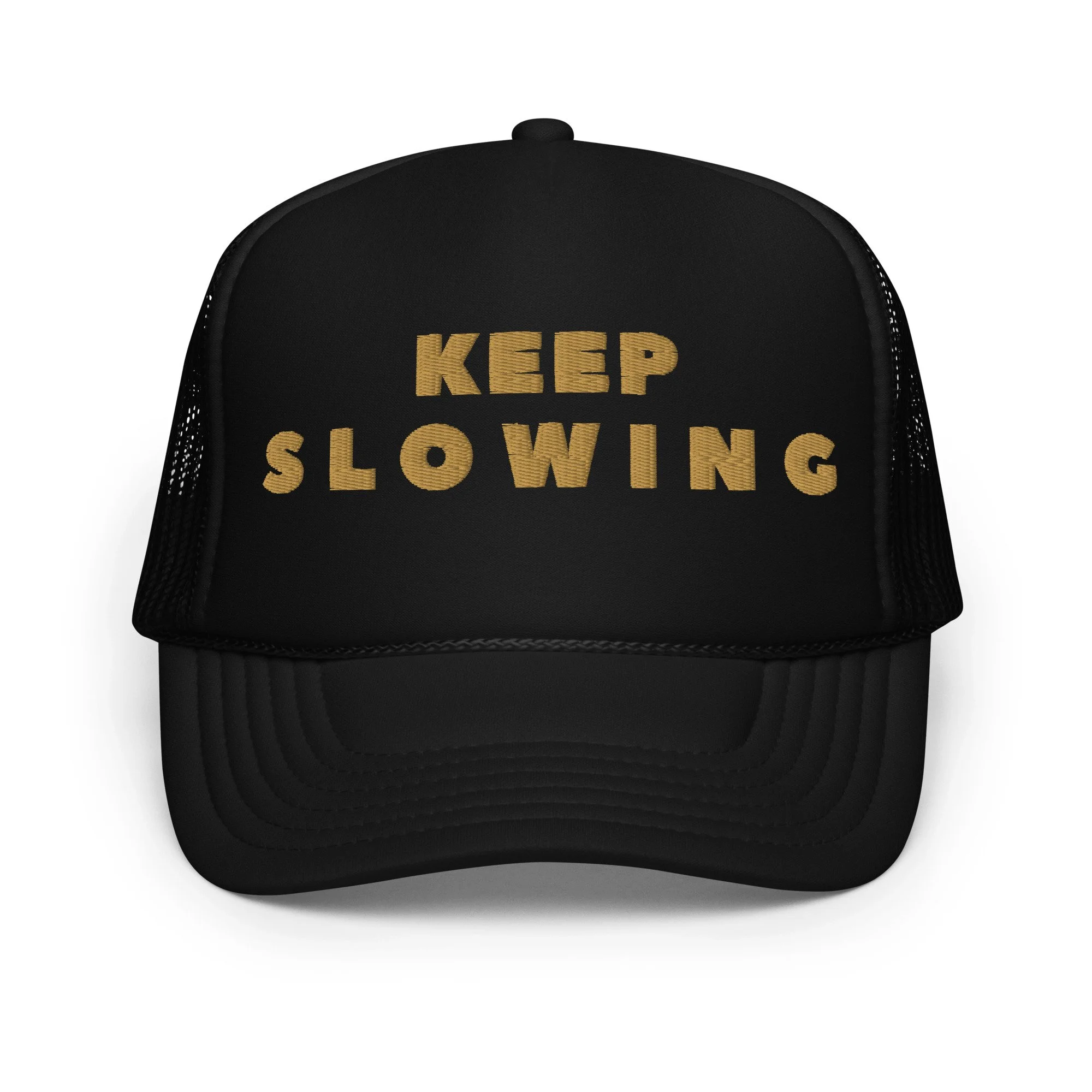 Keep Slowing Trucker Hat, Black and Old Gold