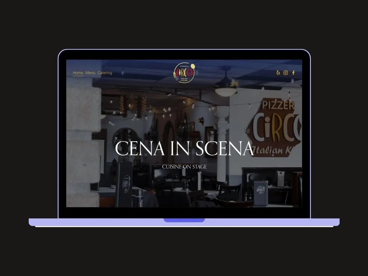 Laptop screen displaying a website for a pizzeria called Pizzeria Circo with a background image of the restaurant's interior and the text 'Cena in Scena' and 'Cuisine on Stage'.