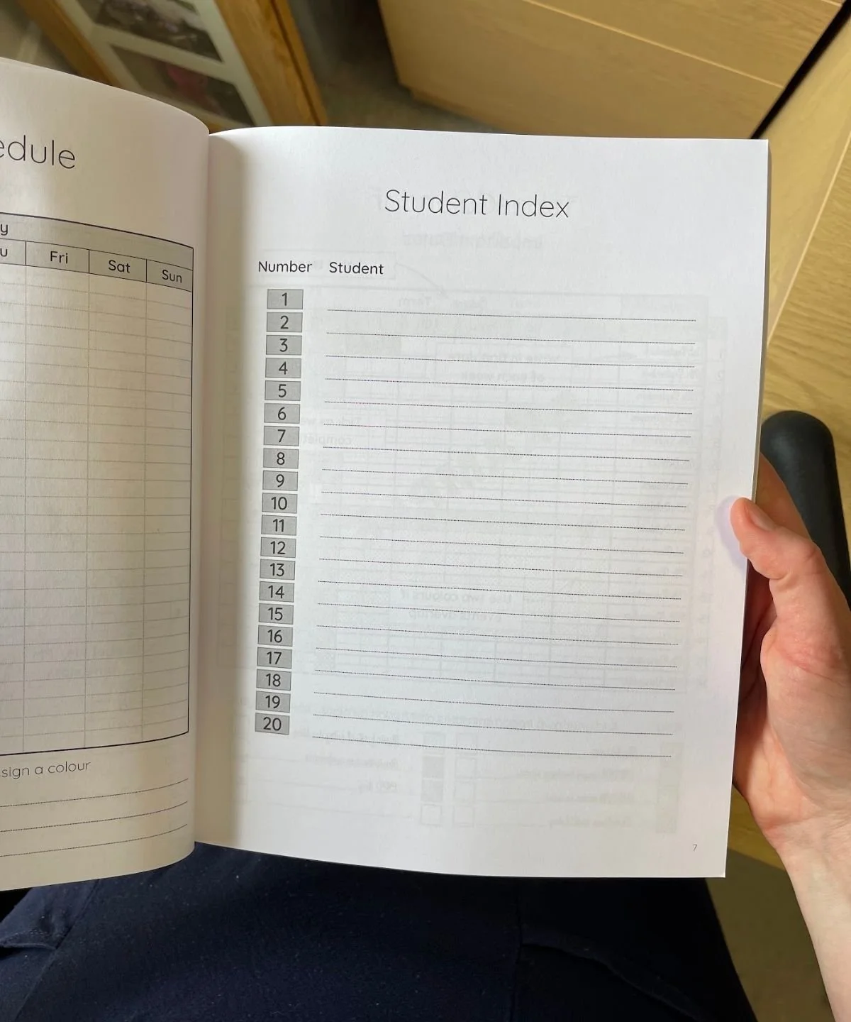 Numbered index page for up to 20 students