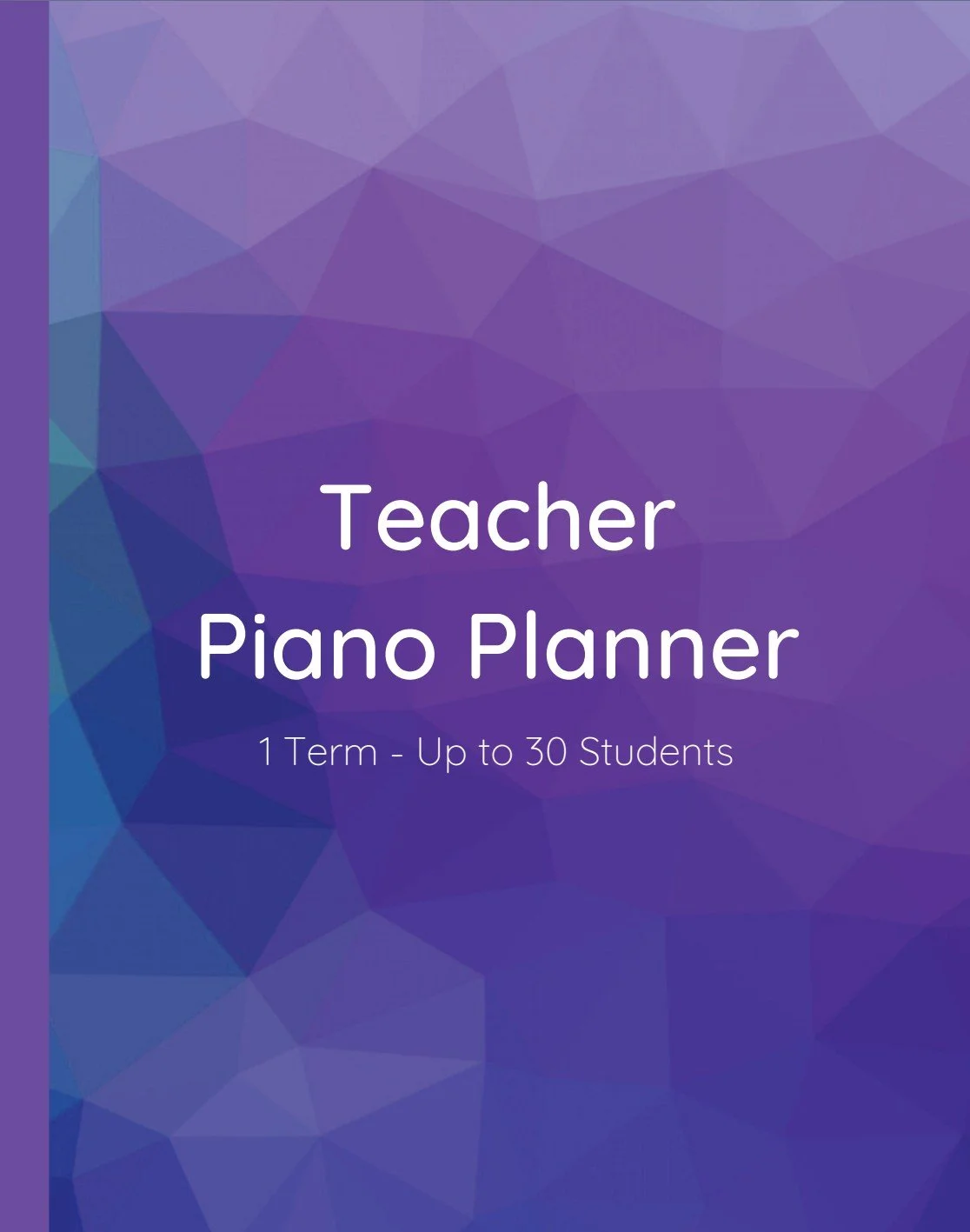 Purple book cover with white writing 'Teacher Piano Planner I term up to 30 students'